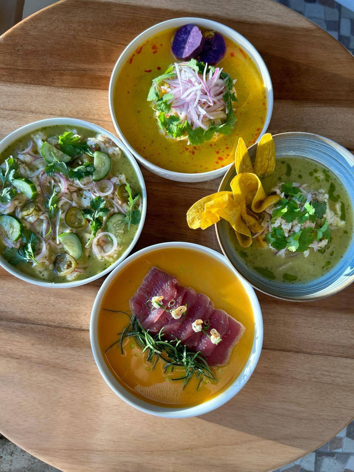 Cuatro estilos de ceviche y aguachile, incluido atún en un caldo dorado, vistos desde arriba